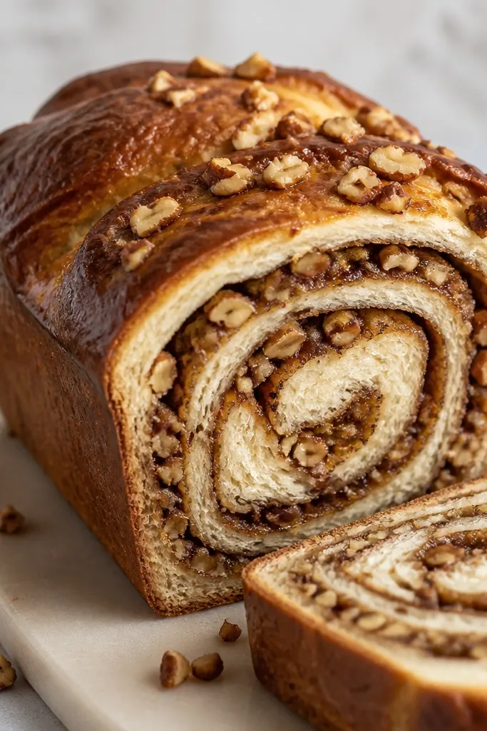 A loaf showing a visible ribbon swirl through the center, with chopped nuts scattered around the swirl, cutaway angle showing layers.