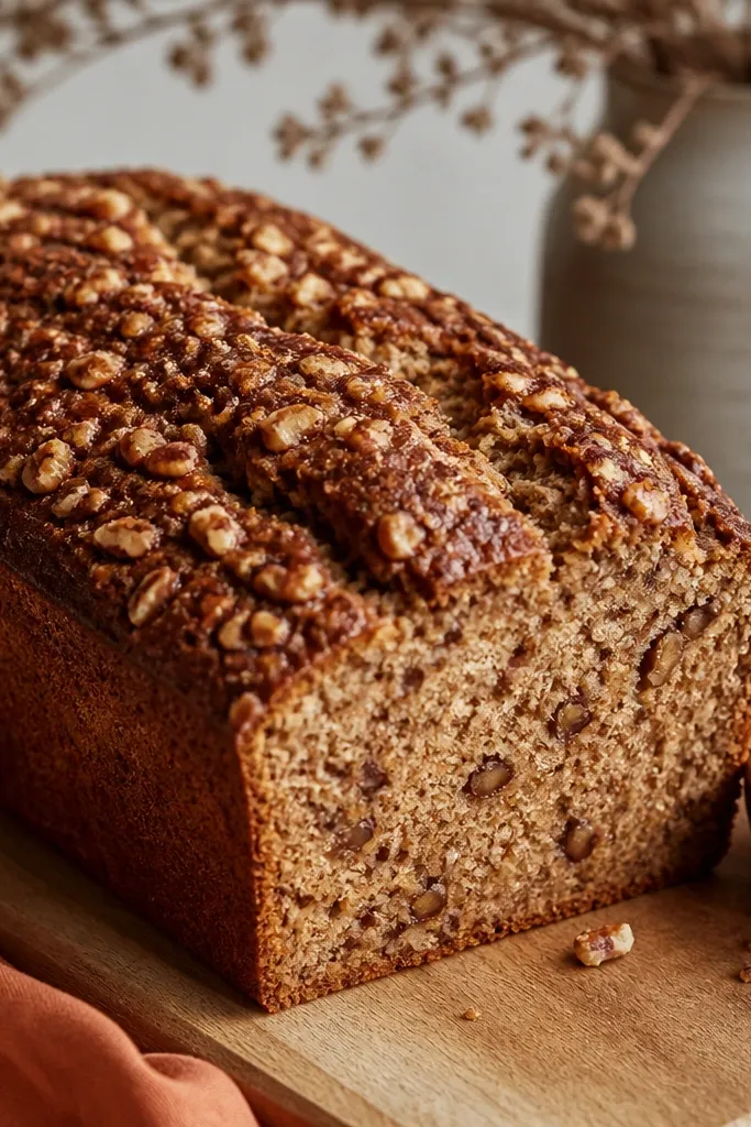 A loaf with a dusting of cinnamon and a subtle speckled look, with a dark golden crust and visible chopped nuts, photographed in warm light.