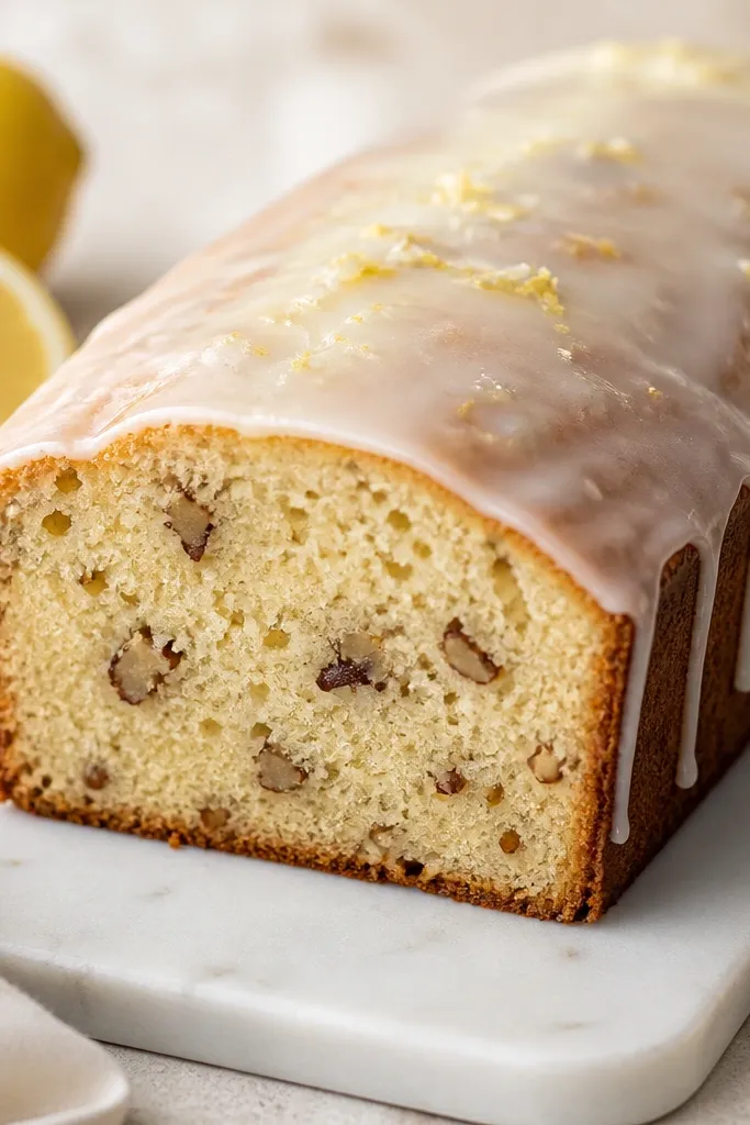 A fully cooled loaf with a thin lemon glaze that drips slightly over the edges, with toasted nut crumbs visible on the cut face.