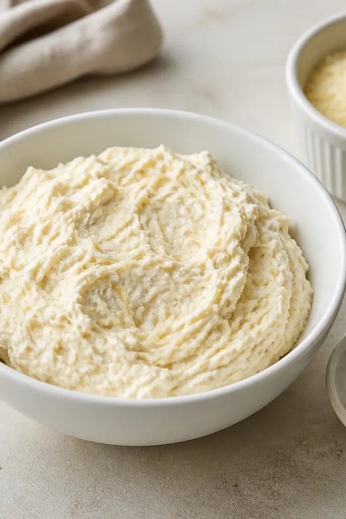 A white bowl filled with pale cream cheese mixture studded with fine golden Parm shreds; beside it, a small dish of cracked black pepper and a ramekin of grated Parmigiano-Reggiano.
