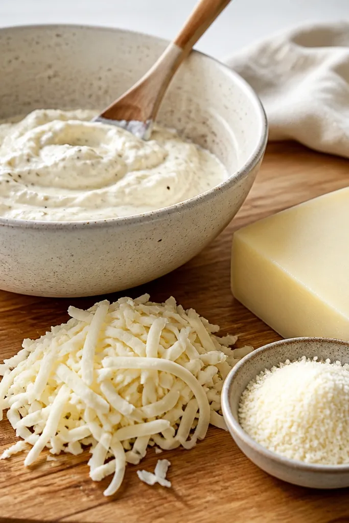 A mixing bowl with a creamy off-white filling dotted with visible black pepper specks; a small pile of shredded mozzarella, a block of provolone-like cheese, and a bowl of grated Pecorino sit on a wooden board.