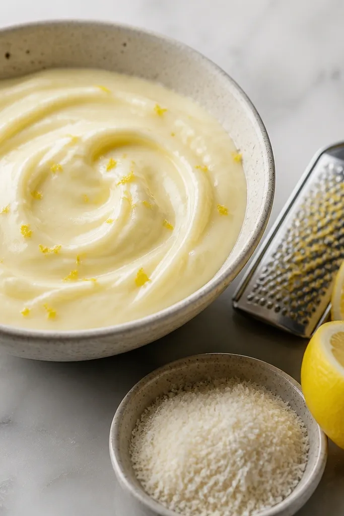 A pale creamy filling with bright yellow lemon zest flecks; next to it are a microplane zester, a lemon cut in half, and a small bowl of grated Grana Padano.
