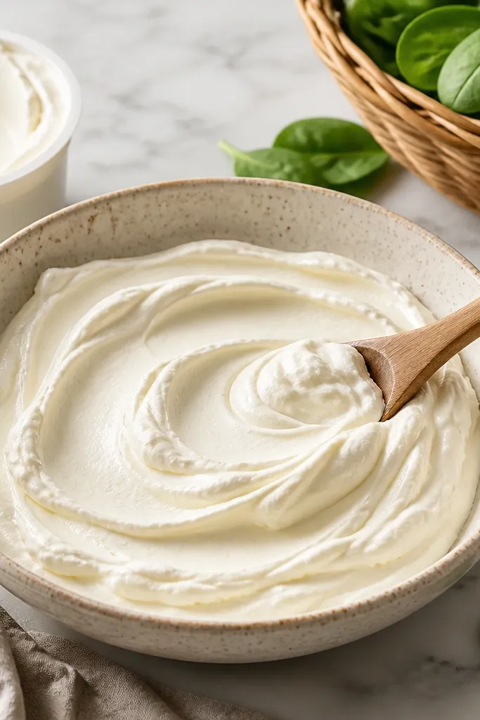 A thick, glossy white filling in a bowl; a wooden spoon leaves ridges in it; a container of mascarpone and a basket of spinach are pictured nearby.