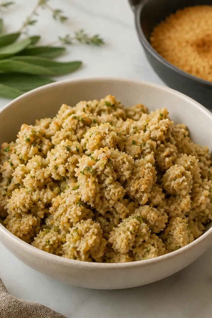 A filling that looks slightly drier and holds shape; it has tiny beige breadcrumb flecks mixed through; a small skillet of toasted breadcrumbs sits in the background.