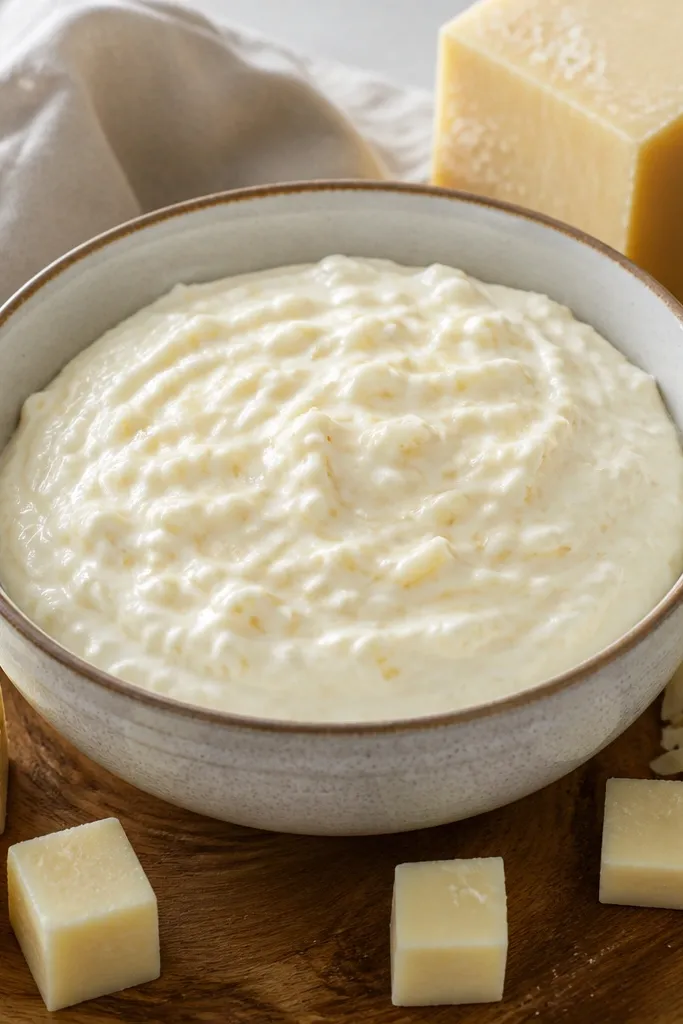 A creamy filling with small, pale shreds of fontina visible; the bowl is surrounded by cubes of fontina and a grater with aged cheese.