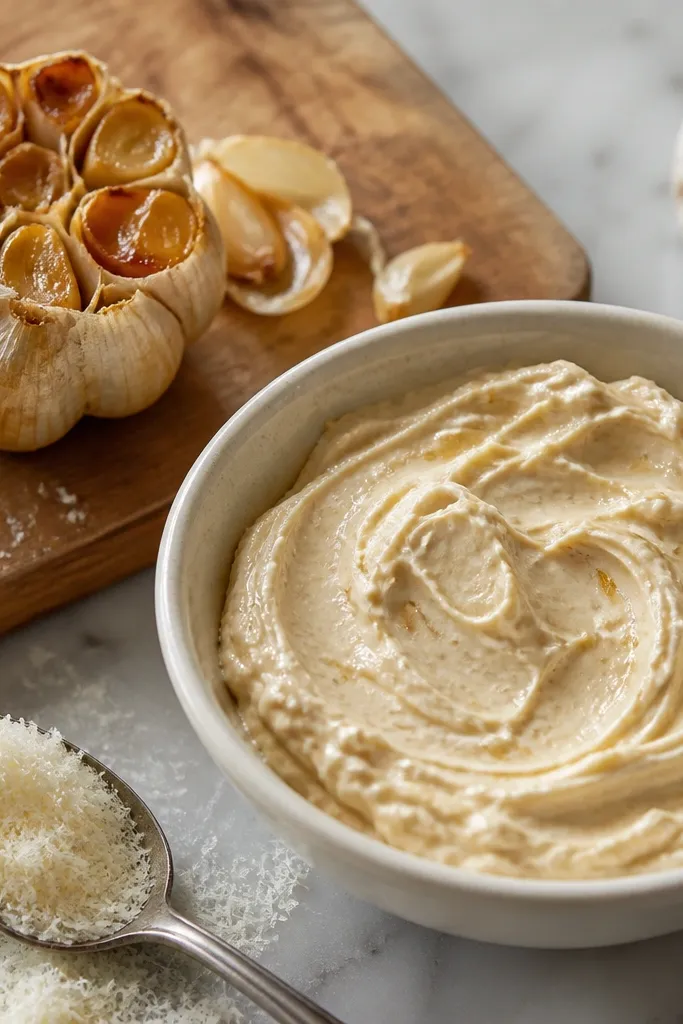A filling with creamy beige streaks from roasted garlic; a head of roasted garlic sits on a cutting board, and a spoonful of grated aged cheese is shown.