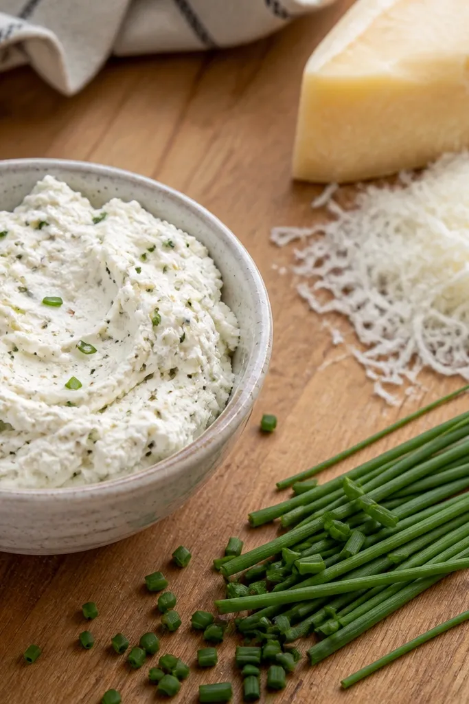 A white filling speckled with green chive bits and darker pepper flecks; chives are scattered on a board; Pecorino is grated in a small pile.