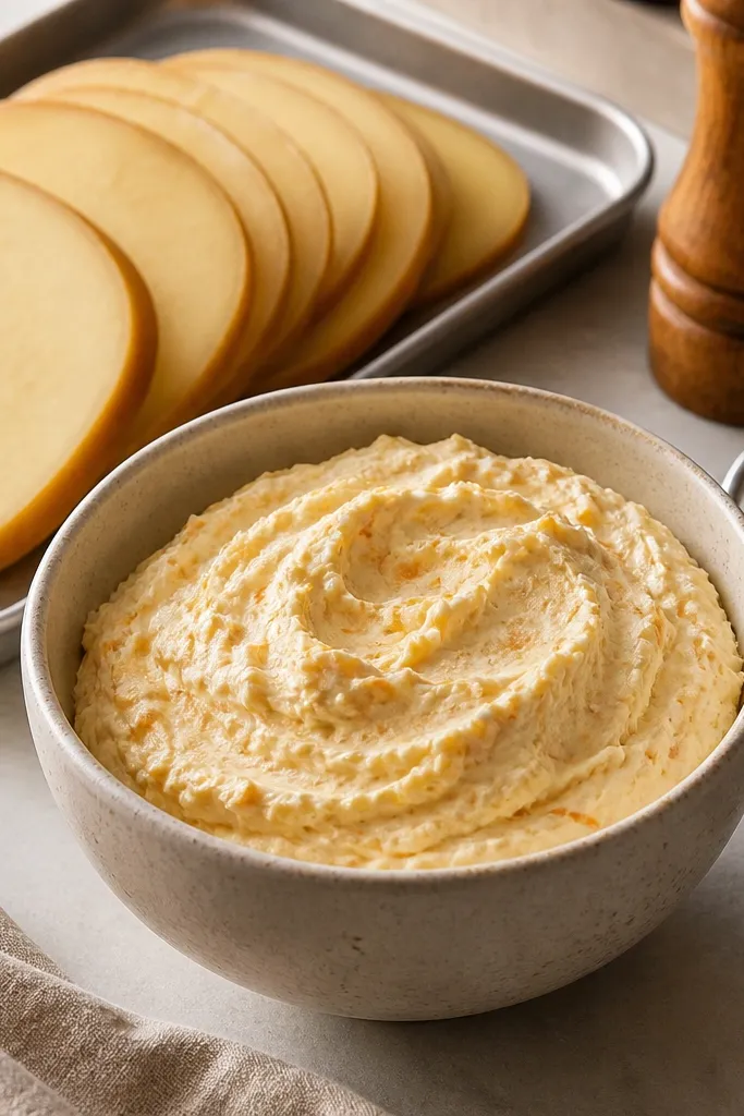 A creamy filling with faint golden tones and small smoked cheese flecks; a tray of smoked provolone slices is shown with a grater and pepper mill.