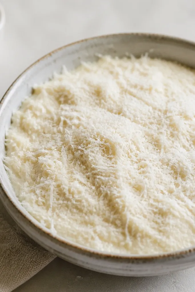A very pale filling with lots of fine white Parm-like shreds that look like snow; the bowl is topped with a dusting of grated cheese.