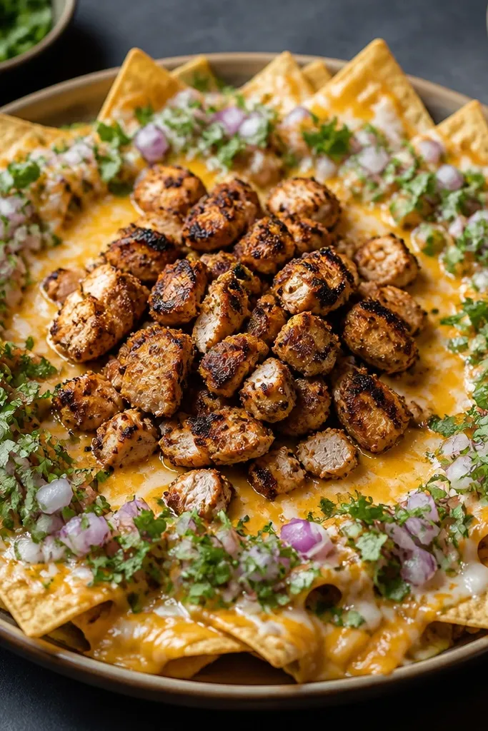 A round nacho platter with a mound of charred chicken in the middle, melted cheese pooled around it, and a ring of toppings like chopped cilantro and diced red onion.