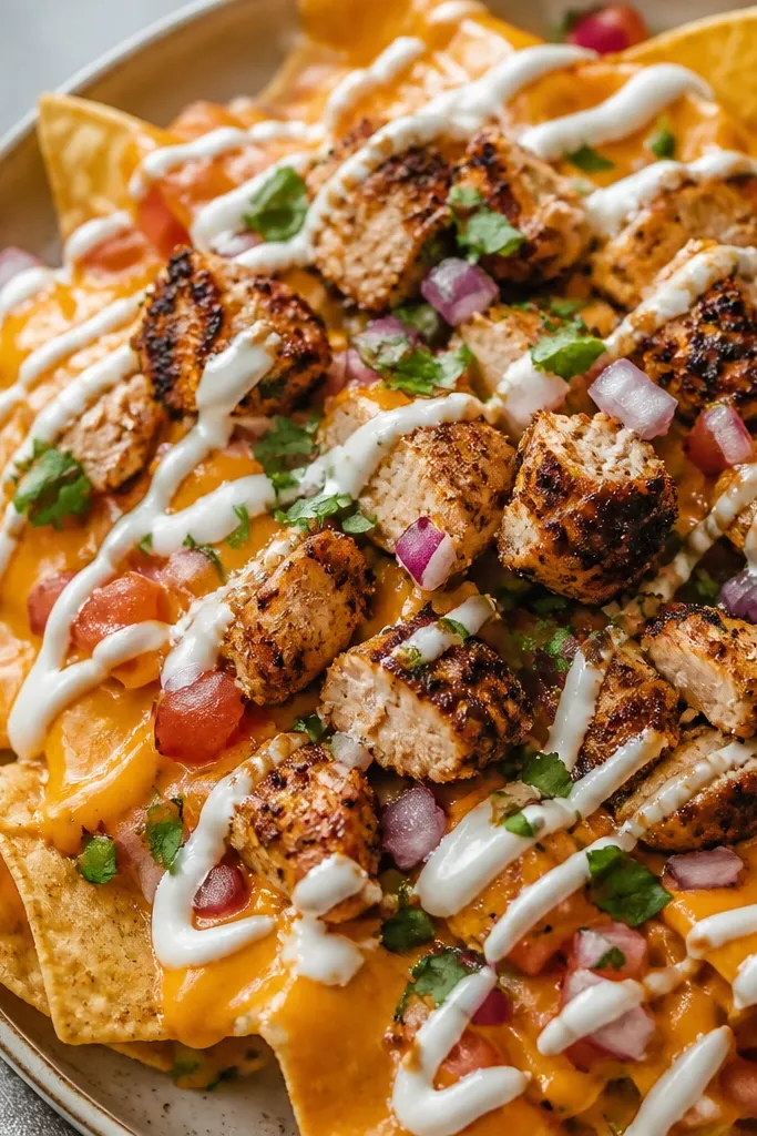 Nachos with a visible drizzle pattern of pale crema over orange cheese, plus dark specks on chicken that look blackened and crisp.