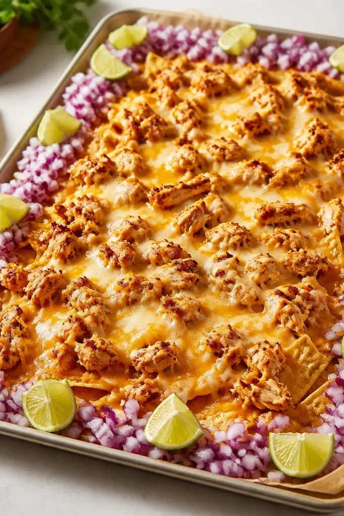 A rectangular tray of nachos with a neat border of diced red onion and lime wedges, while the center holds chicken and melted cheese.