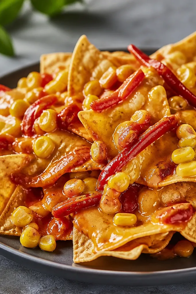 Nachos with visible yellow corn kernels and red poblano strips on top, glazed lightly with a glossy orange-red sauce.