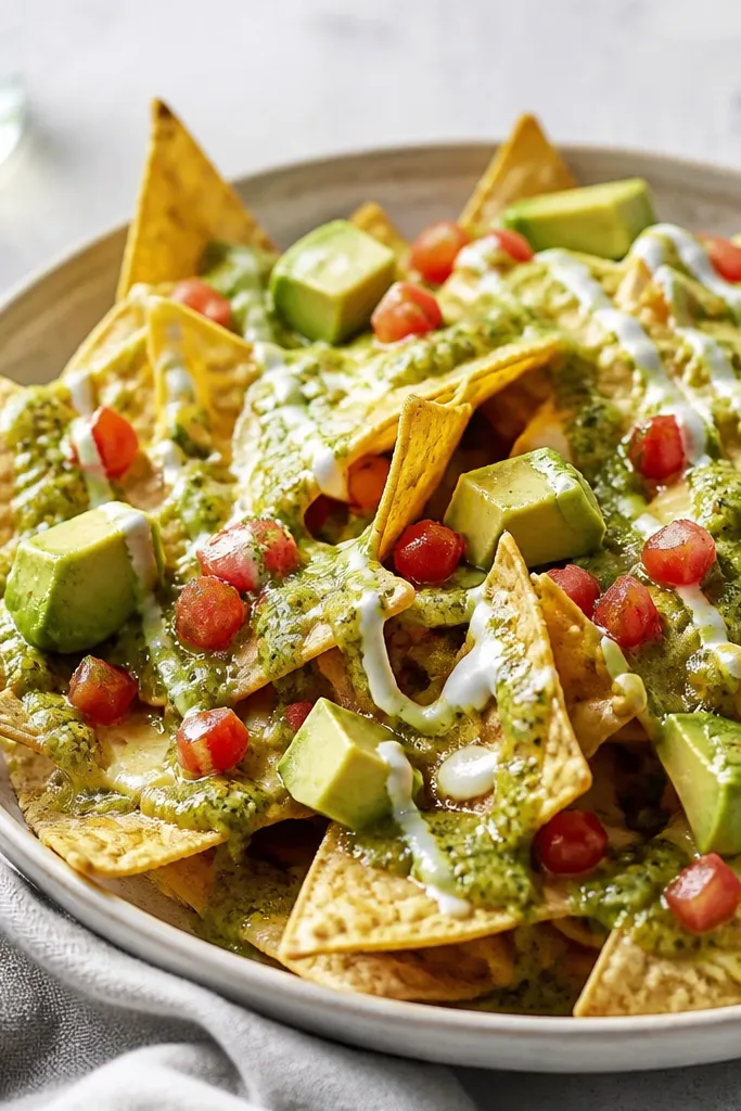 Nachos topped with a green salsa verde style drizzle and small tomato bits, with avocado cubes sprinkled sparingly on top.