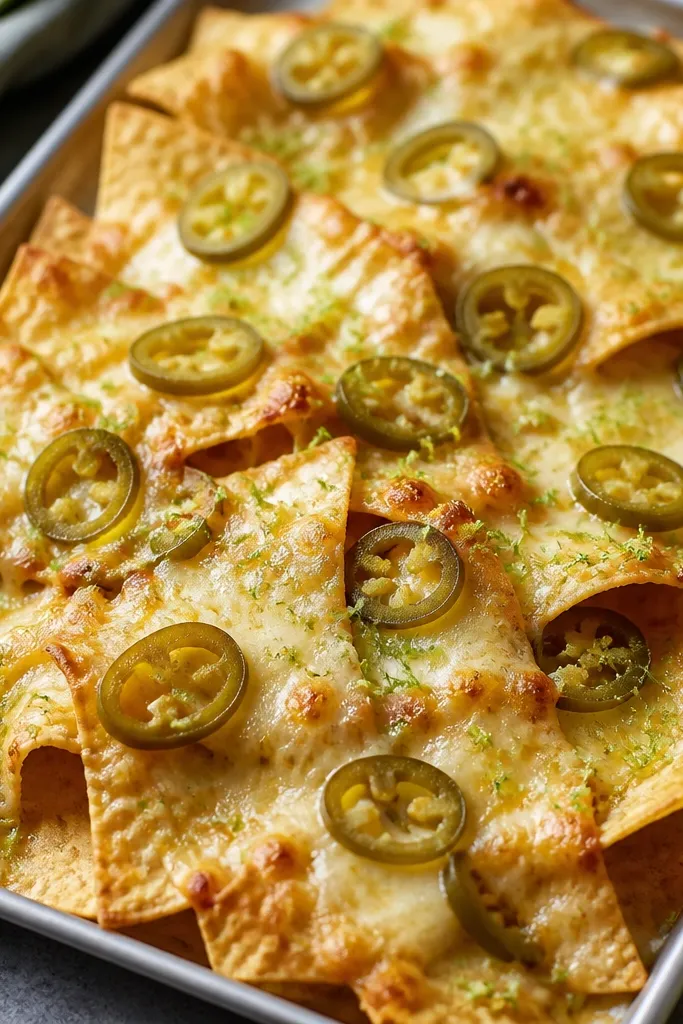 Nachos with thin slices of pickled jalapeños scattered across the top and a dusting of pale green lime zest over melted cheese.