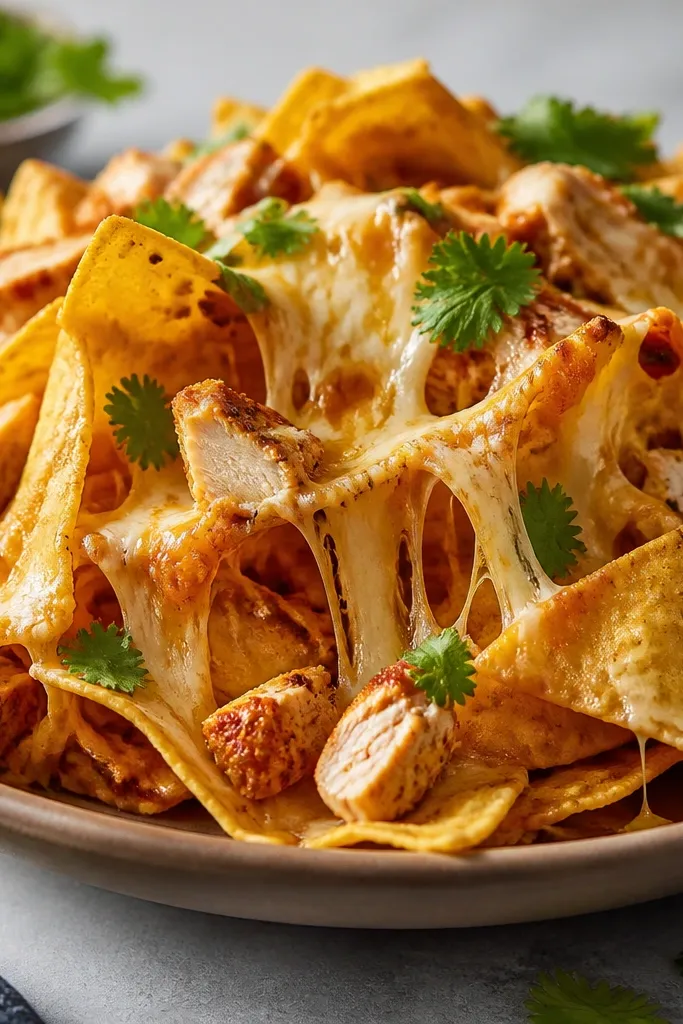 Nachos with stretchy, stringy cheese visible between chips, plus chicken pieces and a few cilantro leaves on top.