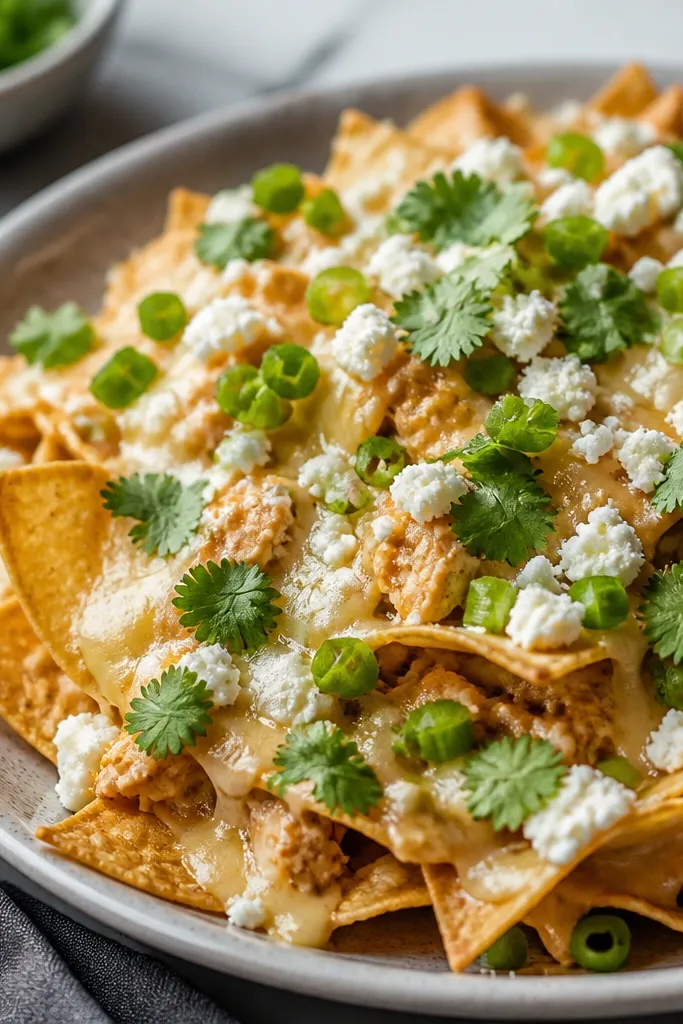 Nachos with queso fresco crumbles scattered over the top, cilantro leaves, and a few chopped scallions, with chicken visible beneath.