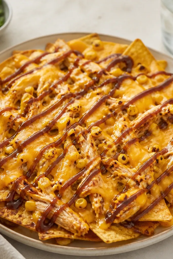 Nachos with dark, smoky zigzag lines of chipotle mayo across a golden cheese layer, with chicken and corn visible.