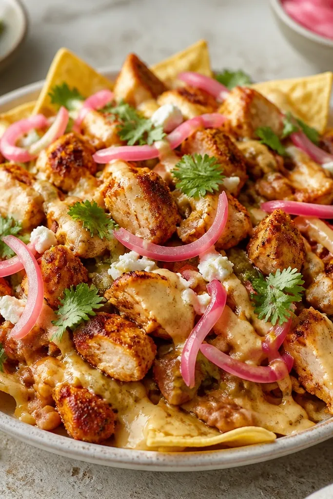 Nachos where chicken pieces show crisp browned edges, topped with scattered pickled onions and a few cilantro sprigs.