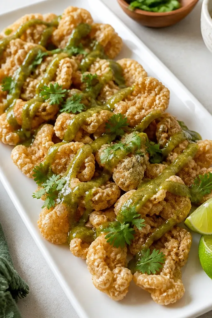 A rectangular white platter lined with broken pork chicharrones, a glossy green salsa verde drizzled in thin lines, scattered cilantro leaves, and a few lime wedges on the side.