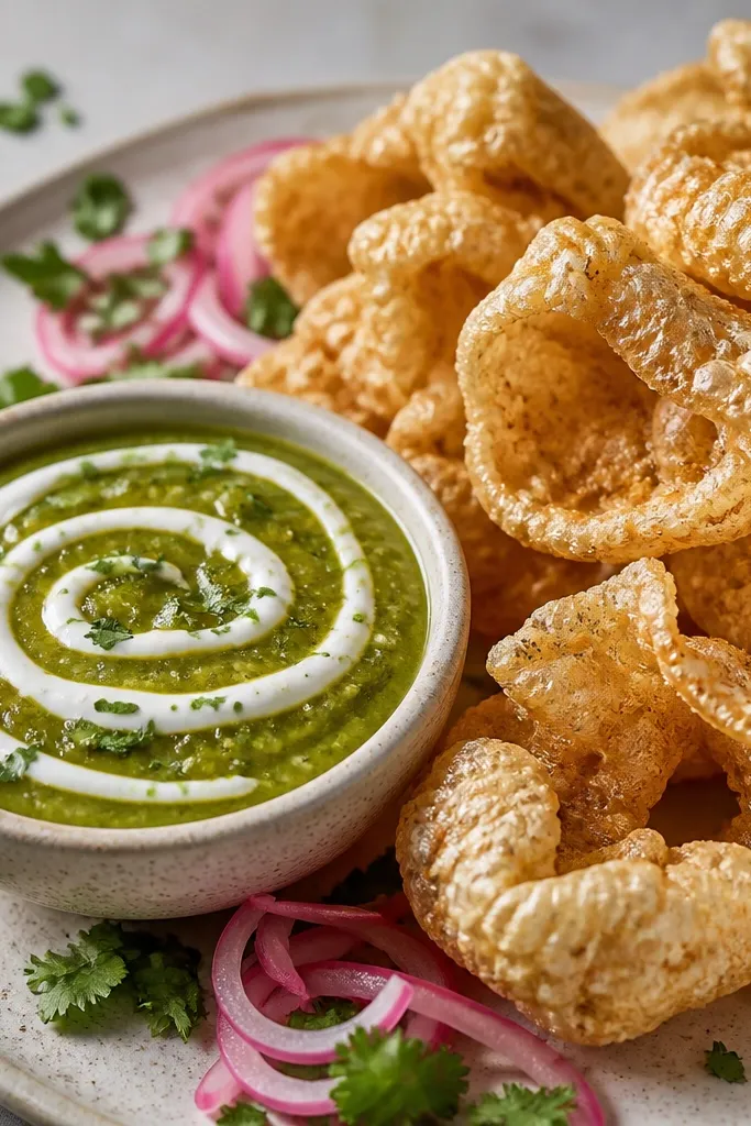 A small bowl of green salsa verde with a white crema swirl, next to a mound of chicharron chips, with thin pickled onions and chopped cilantro sprinkled around.