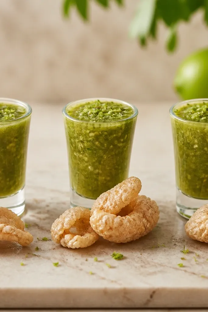 Three clear shot glasses filled with green salsa verde, each placed beside a small stack of chicharrones, with lime zest sprinkled lightly over the salsa.