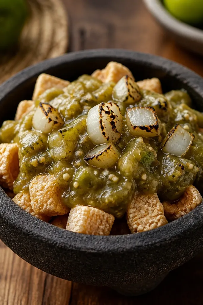 A rustic stone bowl filled with chunky green salsa verde with visible tomatillo pieces, served over a bed of chicharron pieces with charred onion bits on top.