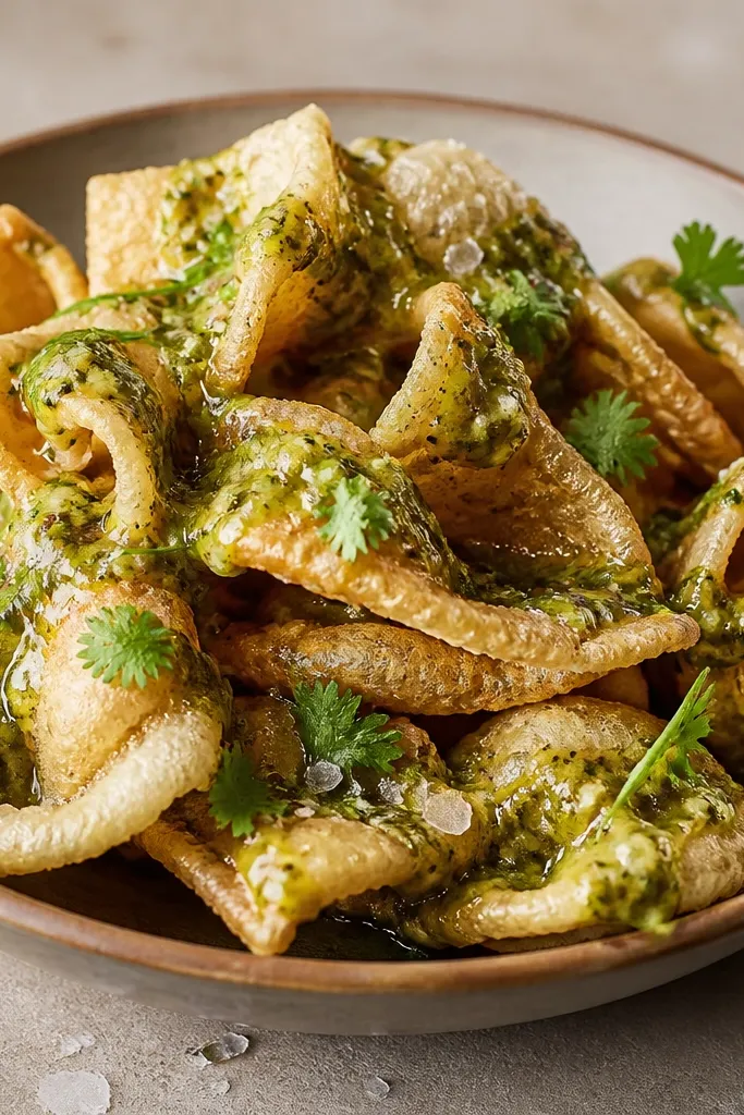 A green salsa verde drizzle over chicharrones with thin lime leaf strips, tiny cilantro leaves scattered like confetti, and a few salt crystals on the edges.