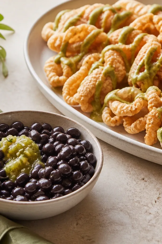A side bowl of glossy black beans with a spoonful of salsa verde mixed in, alongside a larger platter of chicharrones with green drizzle.