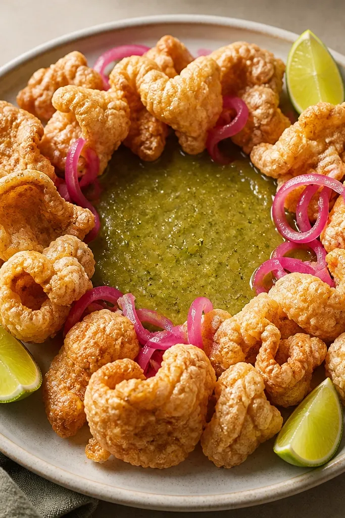 Chicharrones arranged in a circle around a shallow ring of salsa verde, with purple pickled onions tucked into the ring and lime wedges outside the circle.