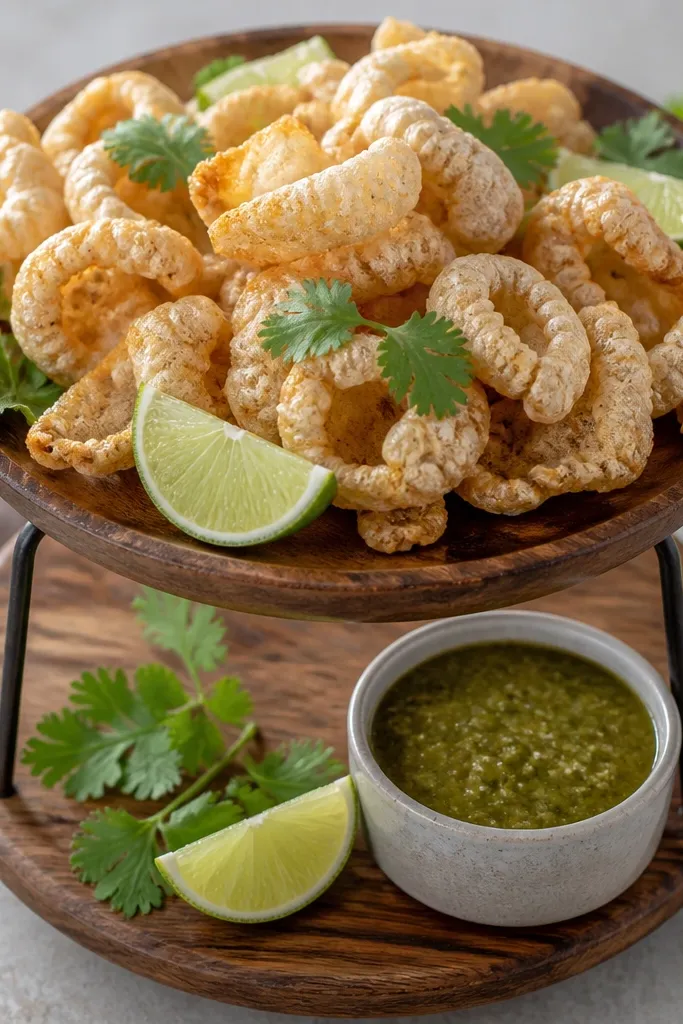A two-level snack board: top level holds chicharrones, bottom corner holds a small cup of salsa verde, with cilantro and lime wedges scattered on top.