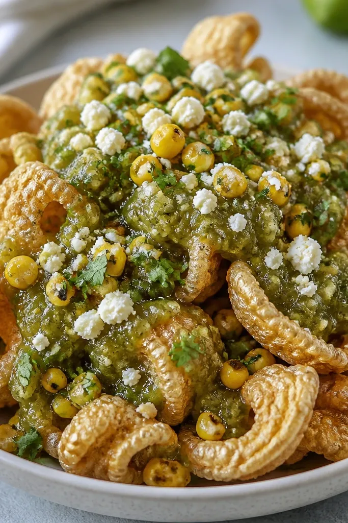 Green salsa verde chunky mix poured over chicharrones, topped with roasted corn kernels, chopped cilantro, and crumbled cotija-like cheese in off-white flecks.