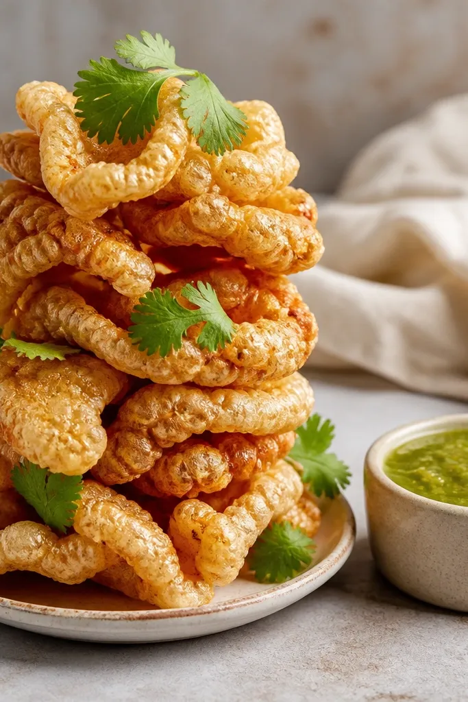 A tall stack of broken chicharrones on a small plate, salsa verde served in a separate ramekin, with a few cilantro leaves placed on top of the stack.