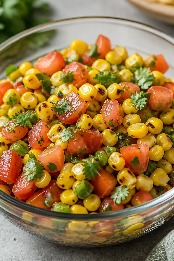 A glass bowl filled with chunky salsa: yellow corn with dark brown char spots, red tomato cubes, and green cilantro leaves scattered on top. Bright lime-green flecks from jalapeño are visible.