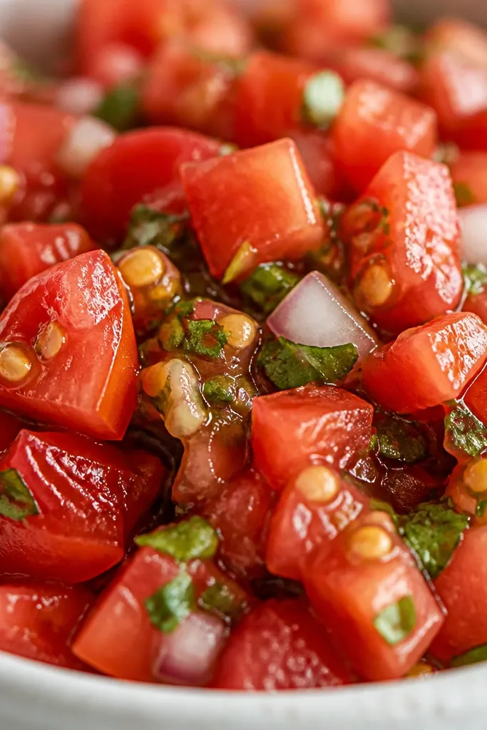 A close-up photo of the salsa showing thick tomato chunks with visible seed pockets, bright red edges, and a few translucent onion bits. The surface looks juicy but not runny.