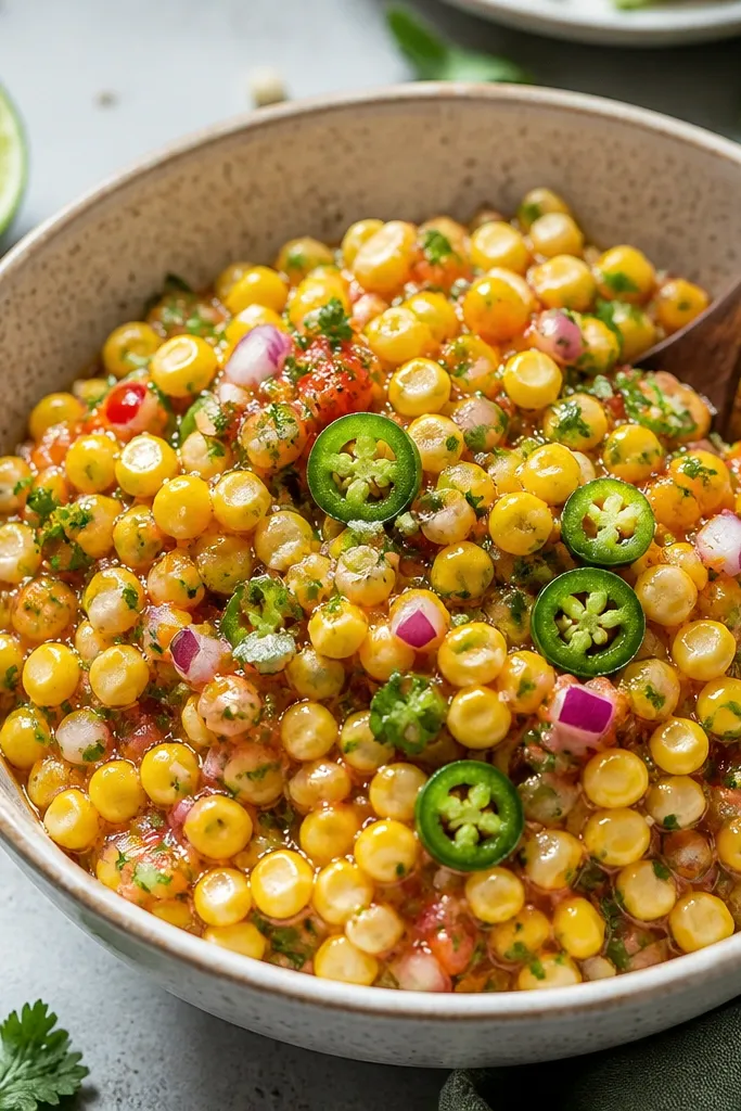 The salsa surface has tiny green flecks and a few thin jalapeño rings, with lime juice gloss catching light. Corn kernels are clearly separated, not clumped.