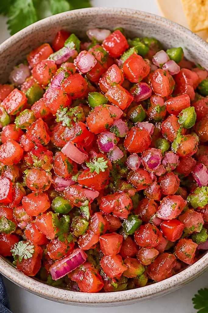 A bowl where red onion is visible as small, translucent ribbons mixed throughout. The salsa looks evenly speckled with onion rather than concentrated in one corner.