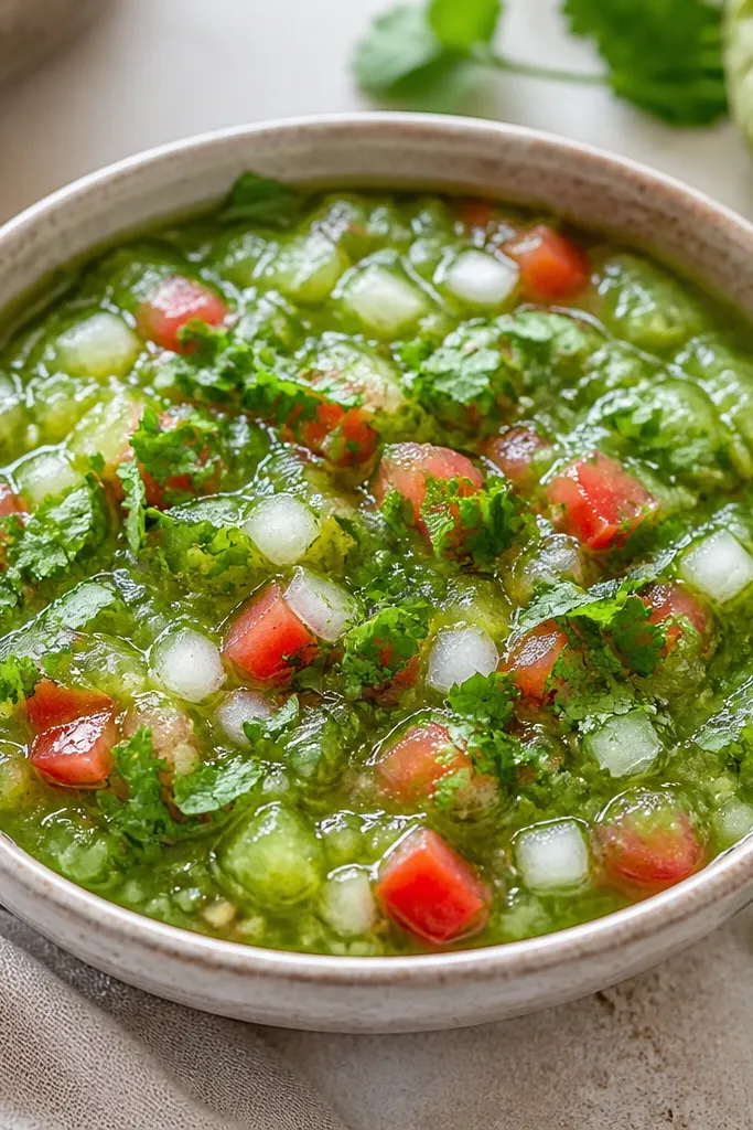A green-topped salsa where cilantro leaves are scattered like confetti, with stems kept minimal. The rest of the salsa is chunky and bright.