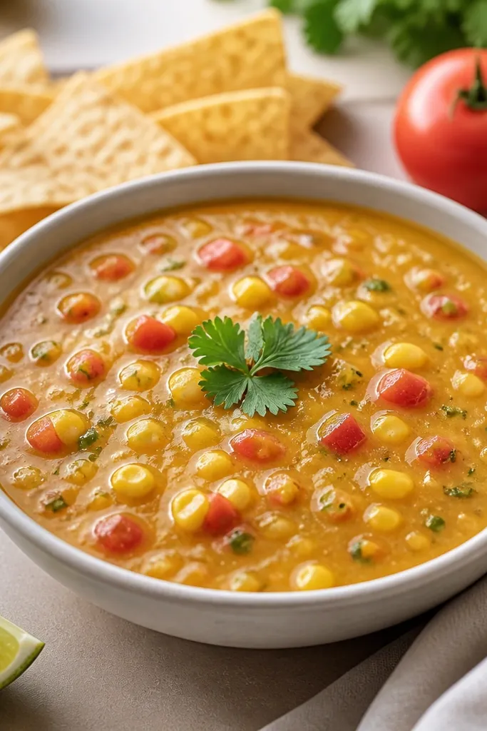 The salsa has a slightly deeper golden tint and glossy texture. The surface looks smooth where garlic has dispersed, but the corn and tomatoes remain chunky.