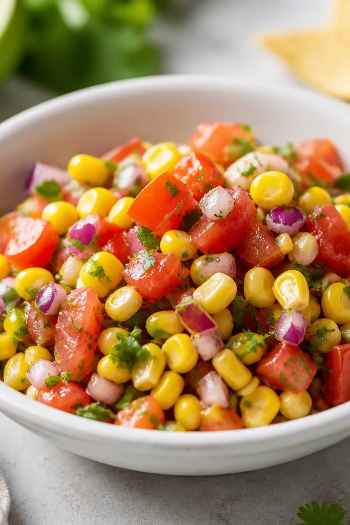 The salsa has a glossy surface sheen, with individual corn kernels reflecting light. Tomato edges look freshly cut and not dried out.