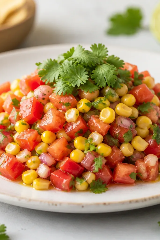 A serving platter with salsa piled in the center in a neat mound. The edges are clean, and there are visible layers of corn and tomato with cilantro on top.