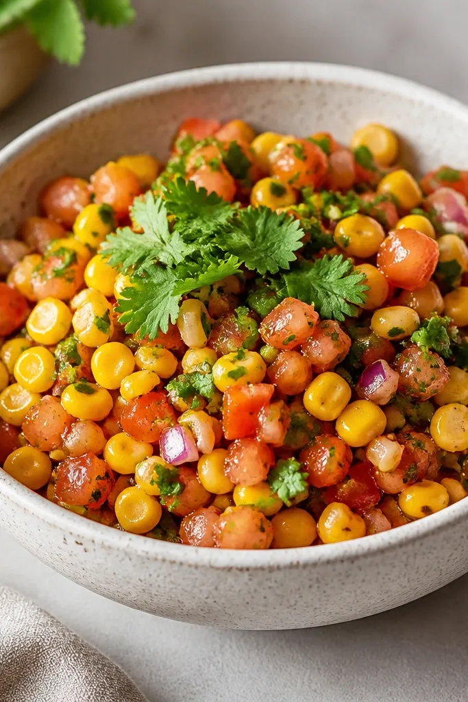 The salsa has a subtle warm orange tint from paprika. Corn and tomato remain clearly separate, and the top garnish looks fresh and green.