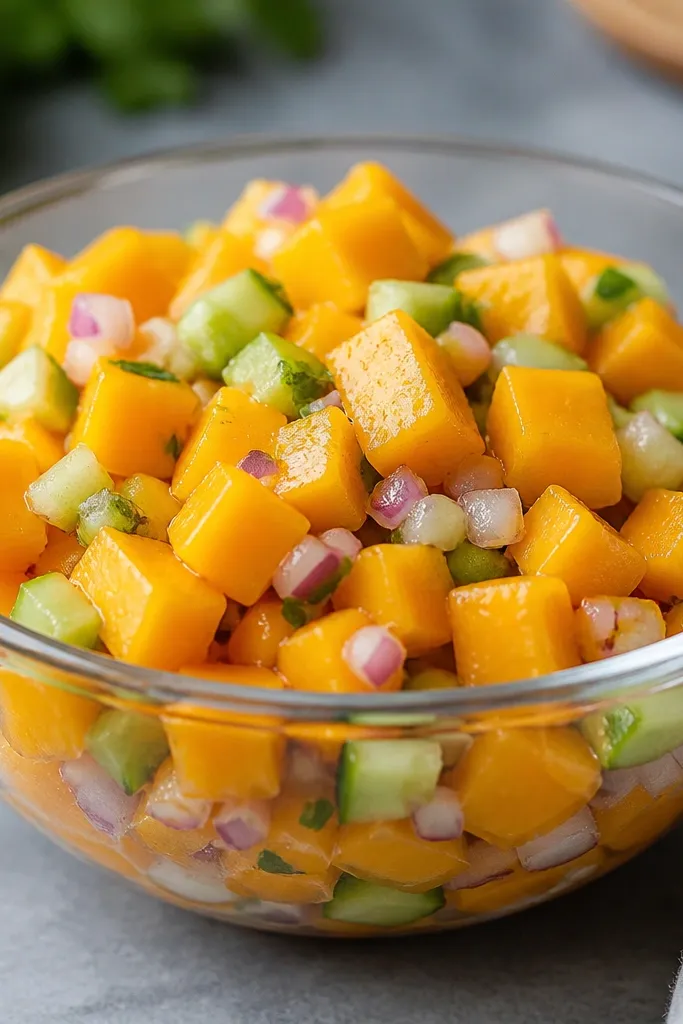 A clear glass bowl filled with orange mango cubes piled in uneven little peaks, with pale green cucumber bits scattered evenly, and tiny red onion flecks visible through the top layer.