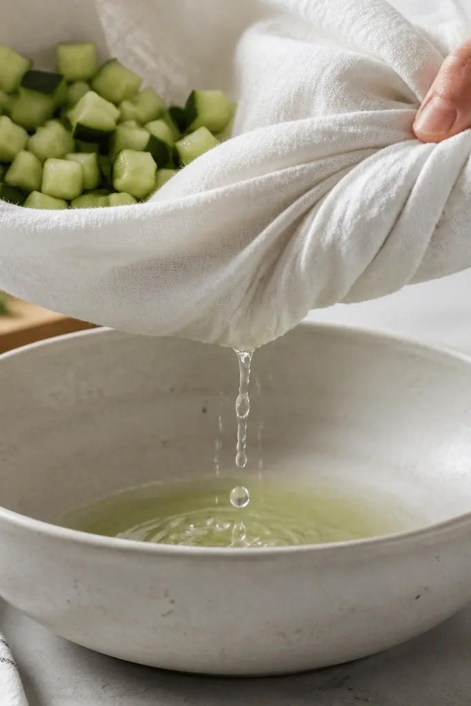 A white kitchen towel spread over a bowl with diced cucumber inside; the towel is twisted slightly so water drips into the bowl below, with cucumber pieces looking matte and dry.