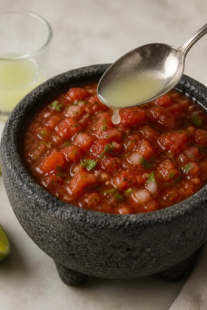 A small glass with lime juice and a spoon hovering over the salsa; the salsa surface looks lightly glossy, not wet, with tiny bubbles around onion bits.
