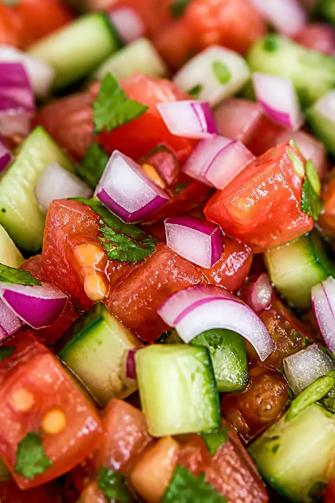 Close-up view of salsa with bright red onion pieces scattered like confetti; some pieces are tiny half-moons, others are small cubes, and the cucumber edges look crisp.