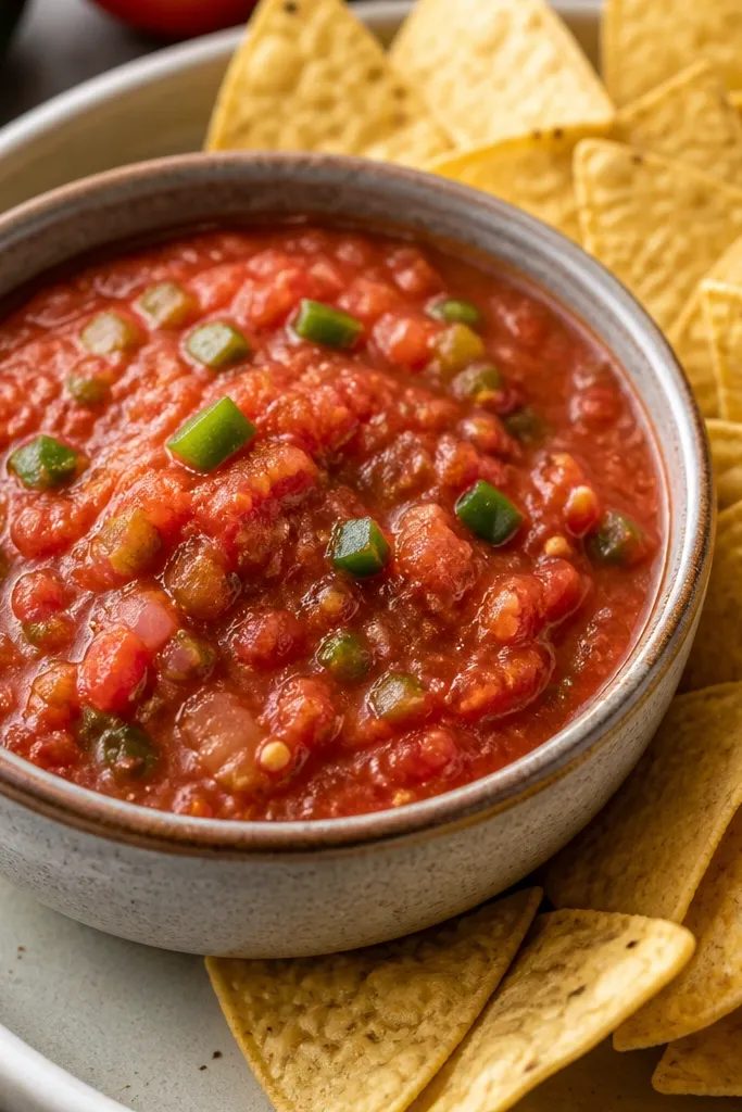 The salsa surface shows small green jalapeño bits and a few pale seeds; the jalapeño pieces are distinct and scattered, not smeared into the salsa.