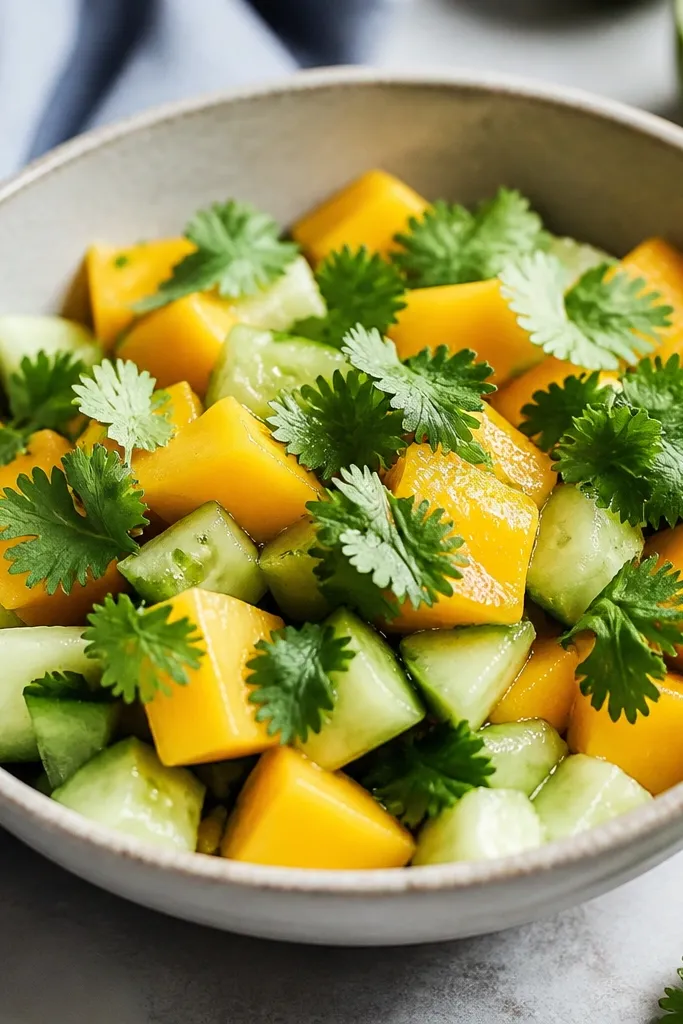 A bowl where cilantro leaves sit on top in small clusters, with stems trimmed short; the cilantro looks fresh and green against orange mango and pale cucumber.