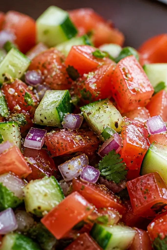A close-up of salsa with tiny specks of ground cumin and flaky salt catching light, especially around the onion and cucumber pieces.