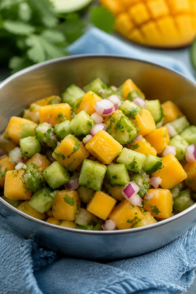 A metal bowl holding salsa set on a cold towel; the salsa edges look slightly firmer and the cucumber appears extra crisp compared to the warm mango.